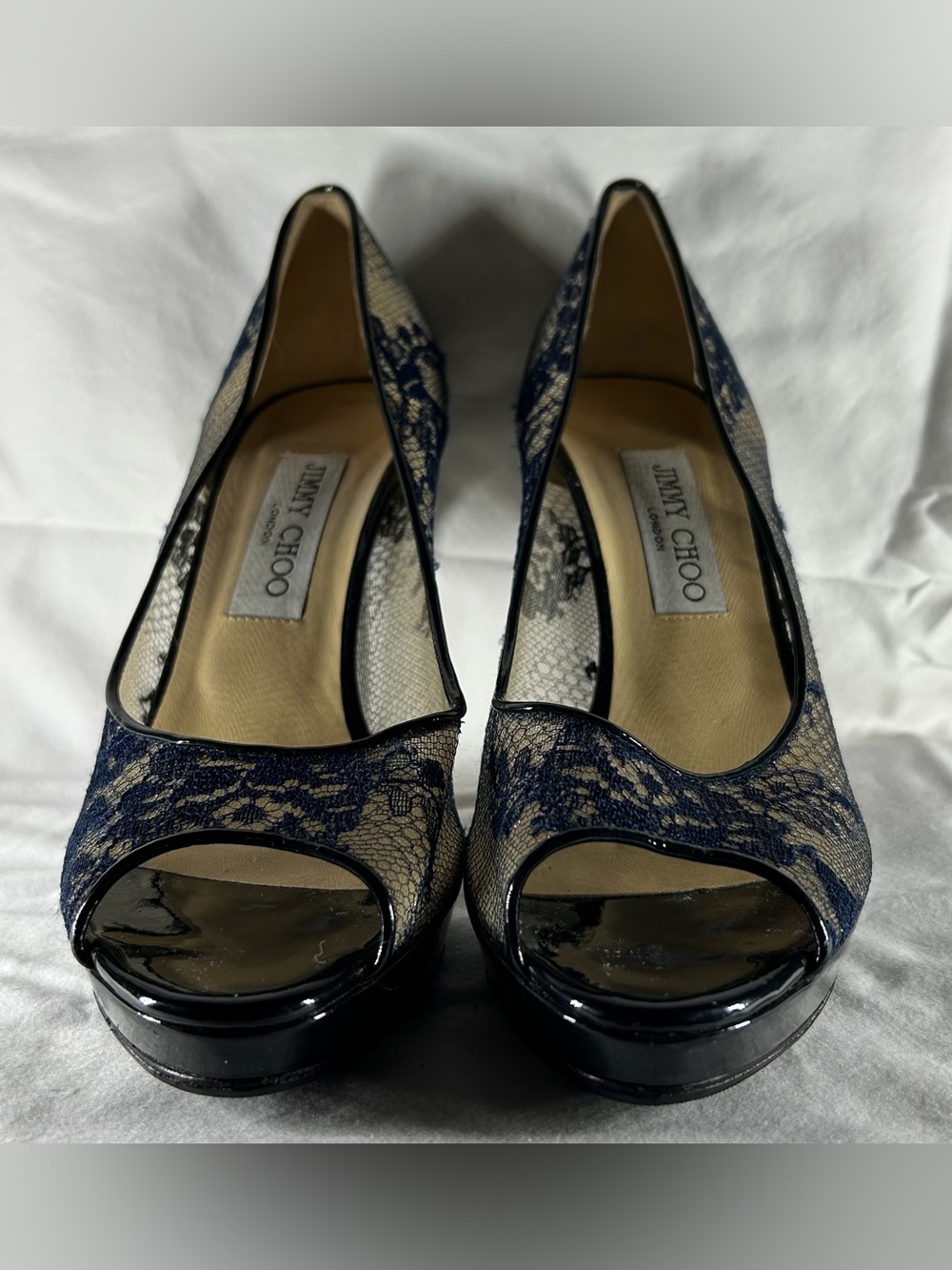 Jimmy Choo Navy Luna Lace Peep-Toe Stiletto Pumps
